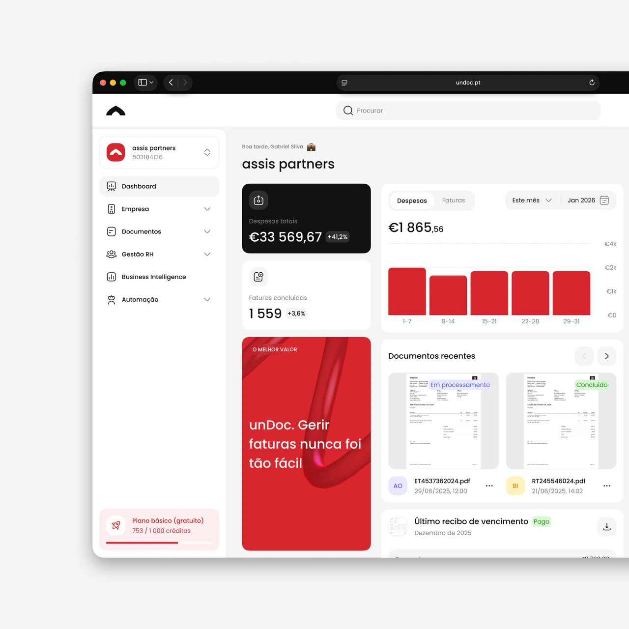 Dashboard undoc web com faturas, documentos e indicadores da empresa